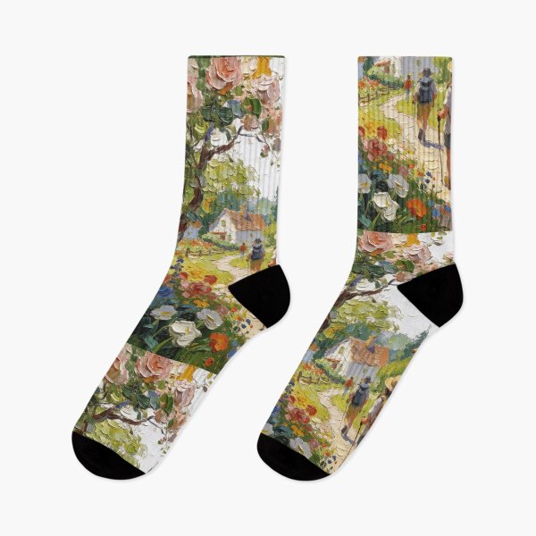 Artikelvorschau, Impasto-Ölgemälde: Strukturierte Cottagecore-Szene mit Wanderern in einem sommerlichen Rosengarten entworfen und verkauft von Cherrydora.