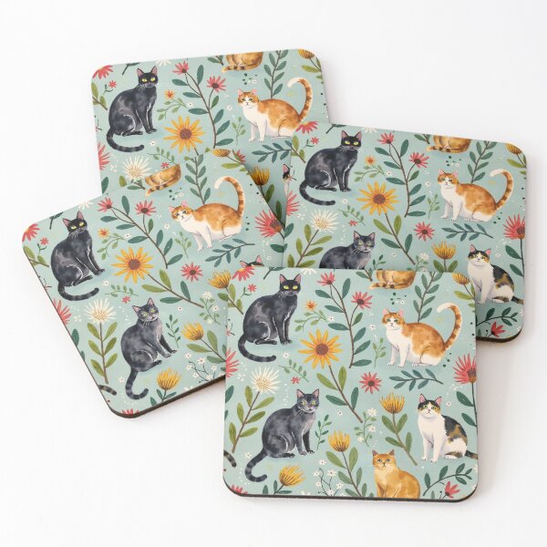 Item preview, Watercolour Cats & Wildflower Garden Pattern designed and sold by TroyTheTerrific.