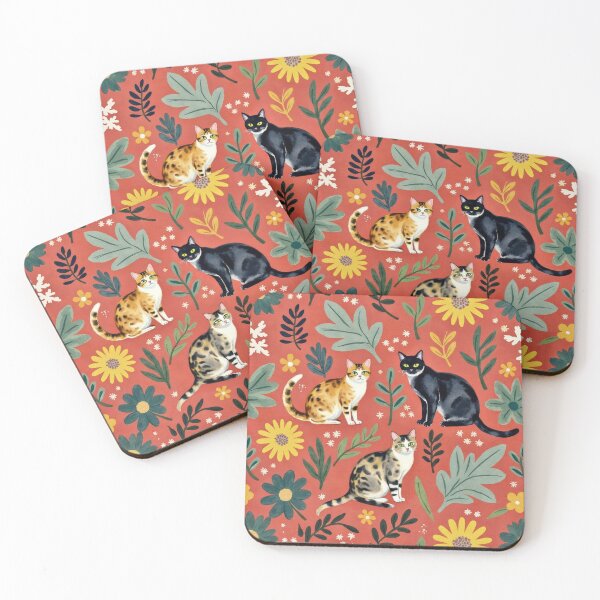 Item preview, Bright Floral Cat Pattern on Terracotta designed and sold by TroyTheTerrific.