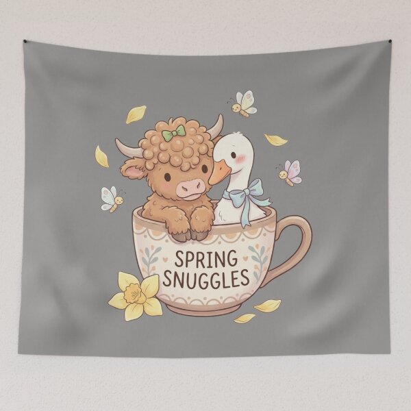 Item preview, Spring Snuggles Teacup: Cute Highland Cow & Goose Illustration – Cute Spring Animal Design designed and sold by Camel & Quirk.