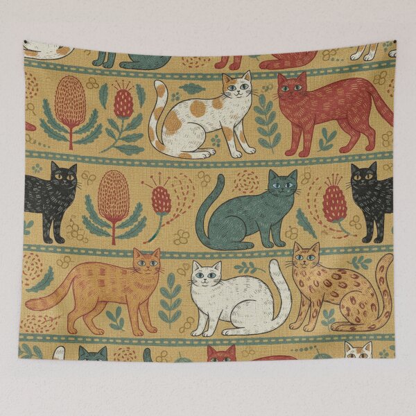 Item preview, Folk-Art Tapestry Cat Pattern with Aussie Botanicals designed and sold by TroyTheTerrific.