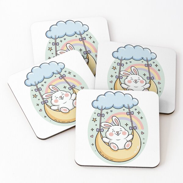 Item preview, Cute Bunny on Moon Swing Cartoon Sticker with Pastel Rainbow Background designed and sold by DiNata.