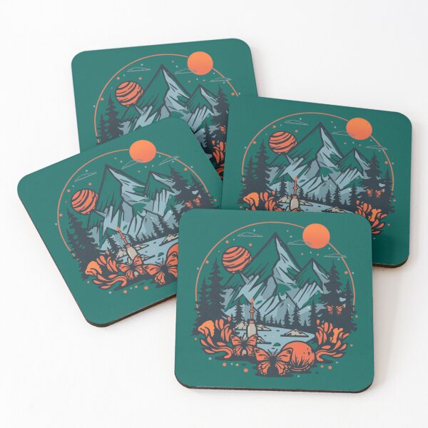 Item preview, Retro Surreal Mountain Landscape: Geometric Nature Art with Giant Butterflies, Planets, and Pine Trees, Vintage Adventure Emblem designed and sold by HimBoo.