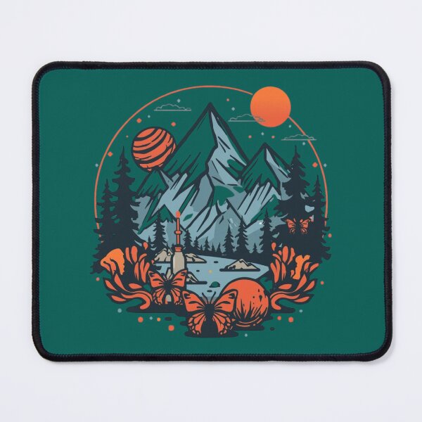 Item preview, Retro Surreal Mountain Landscape: Geometric Nature Art with Giant Butterflies, Planets, and Pine Trees, Vintage Adventure Emblem designed and sold by HimBoo.