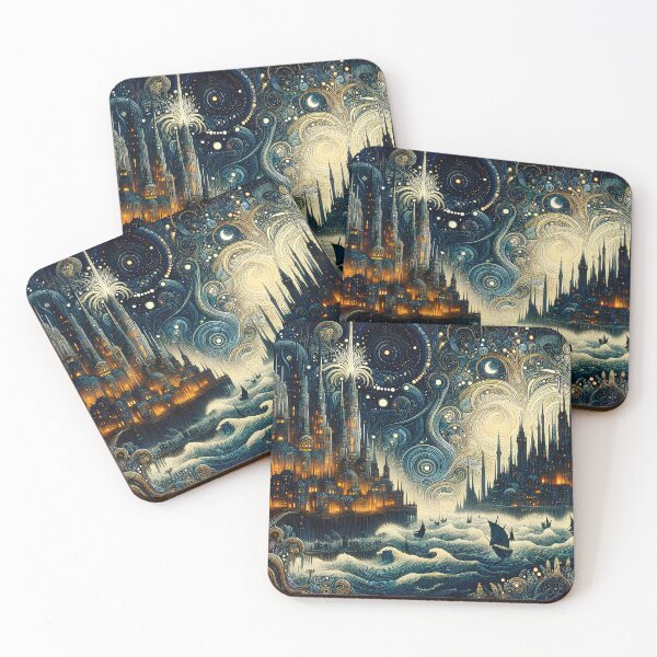 Item preview, Pnath-Harbour at Night | Cosmic Horror Fantasy Cityscape  designed and sold by Stoneflower-Art.