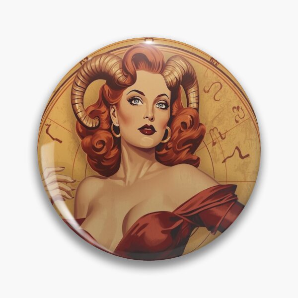 Item preview, Vintage 1940s Aries Pin-Up – Red-Haired Beauty with Ram Accents | Fiery Retro Cosmic Illustration designed and sold by MissSaylor.