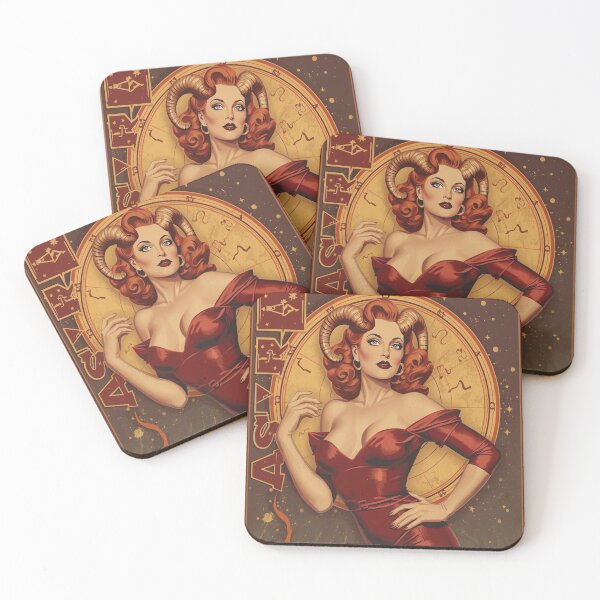 Item preview, Vintage 1940s Aries Pin-Up – Red-Haired Beauty with Ram Accents | Fiery Retro Cosmic Illustration designed and sold by MissSaylor.