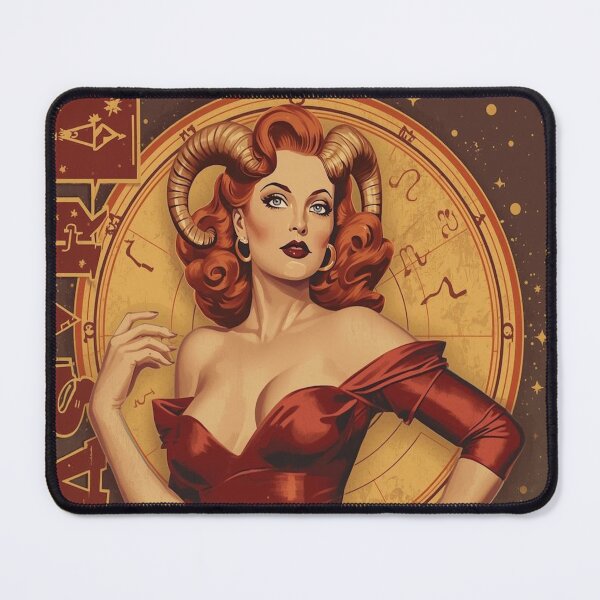 Item preview, Vintage 1940s Aries Pin-Up – Red-Haired Beauty with Ram Accents | Fiery Retro Cosmic Illustration designed and sold by MissSaylor.