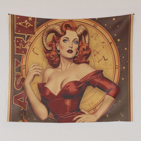 Item preview, Vintage 1940s Aries Pin-Up – Red-Haired Beauty with Ram Accents | Fiery Retro Cosmic Illustration designed and sold by MissSaylor.