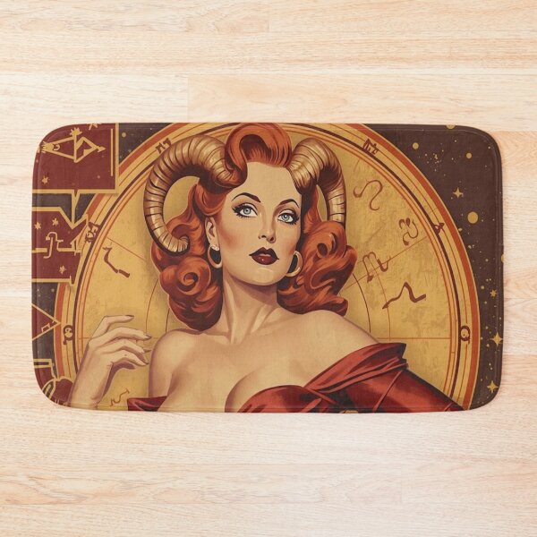 Item preview, Vintage 1940s Aries Pin-Up – Red-Haired Beauty with Ram Accents | Fiery Retro Cosmic Illustration designed and sold by MissSaylor.
