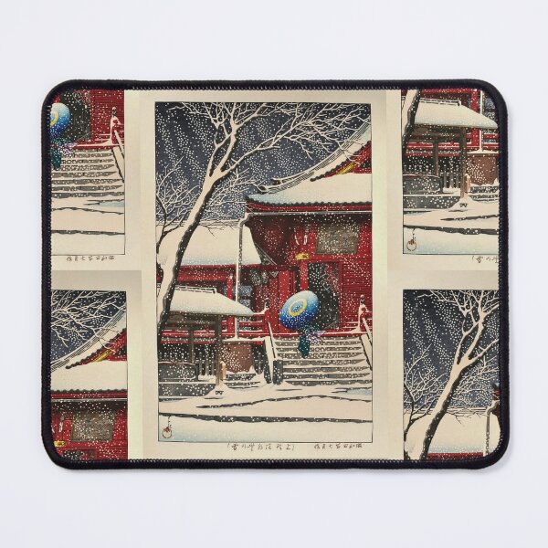 Artikelvorschau, Schnee in der Kiyomizu-Halle in Ueno von Hasui Kawase | Japanischer Tempel im Winter Poster | Japandi Schneeszene Wandkunst entworfen und verkauft von artofuniverse.