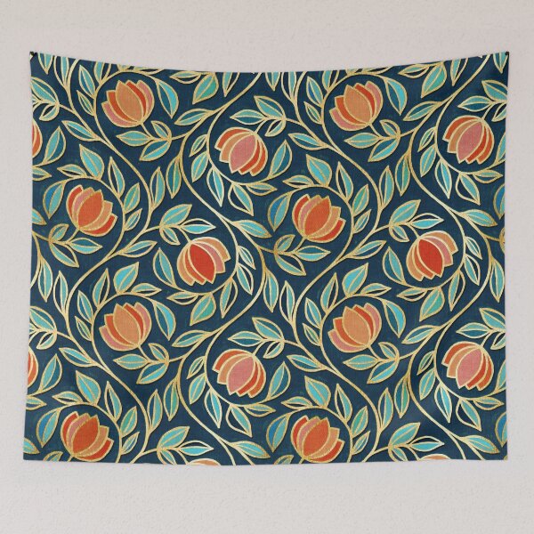 Item preview, Oversize Gilded Floral Tapestry in Coral and Navy Blue designed and sold by micklyn.