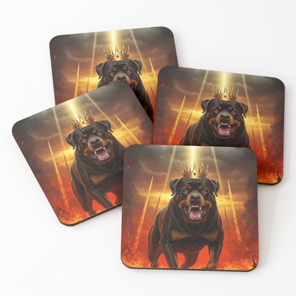 Item preview, Crowned Rottweiler in Fiery Hellscape – Fantasy Demon Dog Illustration designed and sold by Articooler.