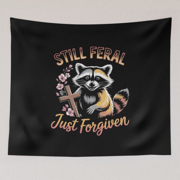 Item preview, Still Feral Just Forgiven Christian Cross Raccoon  designed and sold by MythWoot.