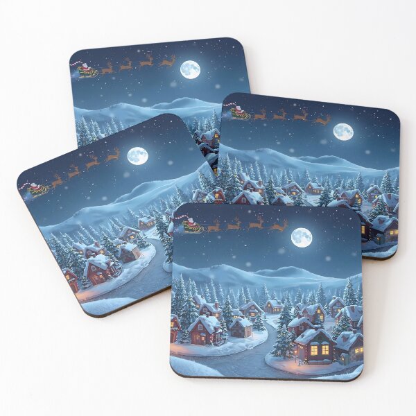 Item preview, Magical Snowy Christmas Village Night with Santa Sleigh and Moon designed and sold by TANKLI.
