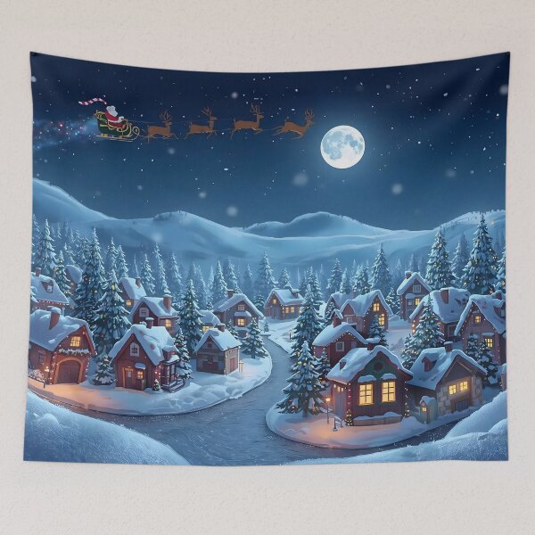 Item preview, Magical Snowy Christmas Village Night with Santa Sleigh and Moon designed and sold by TANKLI.