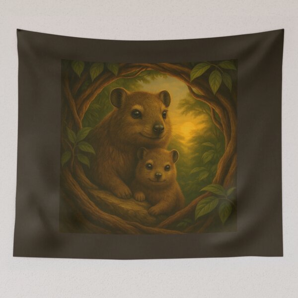 Item preview, Wombat Mother and Joey Wall Art – Golden Burrow Forest Wildlife Print designed and sold by GeoWild Designs.