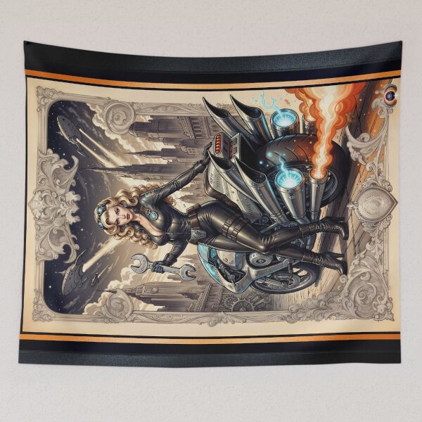 Item preview, Tsylara Mimor And Her Jithera Cycle Amidst The Sprawling Rovathia Cityscape Mesmerizing AI Concept Art by Xzendor7 designed and sold by Xzendor7 Digital Art Creations.