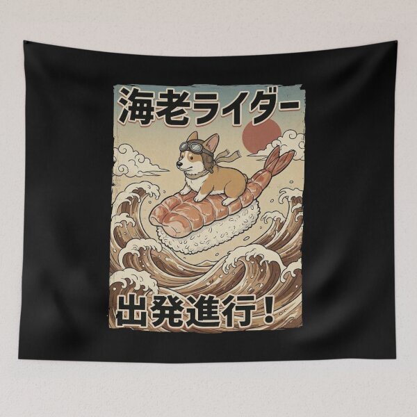 Item preview, Ebi Rider Corgi Dog on Shrimp Sushi Japanese Great Wave Art designed and sold by Bongocomic.