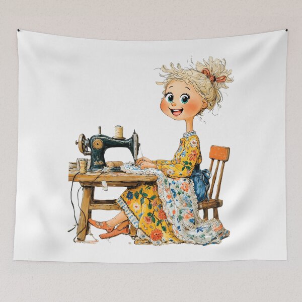 Item preview, Cottagecore Seamstress Girl – Vintage Sewing Machine Art, Cozy Handmade Illustration designed and sold by olenadykun.ai.