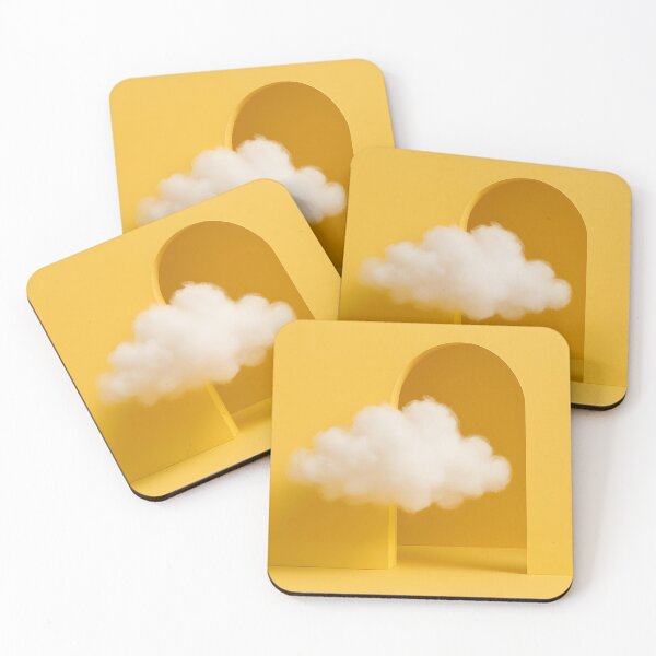 Item preview, A fluffy white cloud floats whimsically within a minimalist yellow archway, creating a dreamlike and surreal artistic composition designed and sold by homydesign.