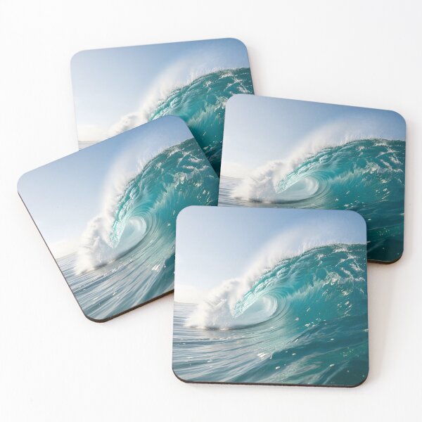 Item preview, A powerful, clear blue ocean wave crests and curls, showcasing its foamy white spray and vibrant turquoise depths under a bright sky designed and sold by homydesign.
