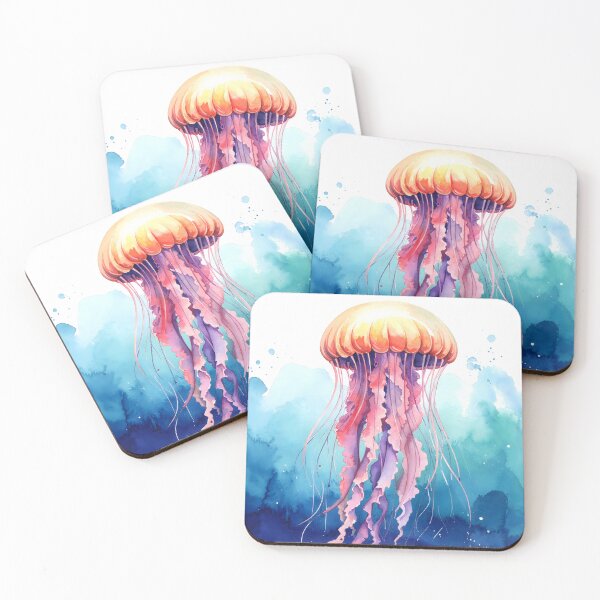 Item preview, A mesmerizing jellyfish with a luminous orange bell and flowing pink and purple tentacles drifts in a serene watercolor ocean designed and sold by homydesign.