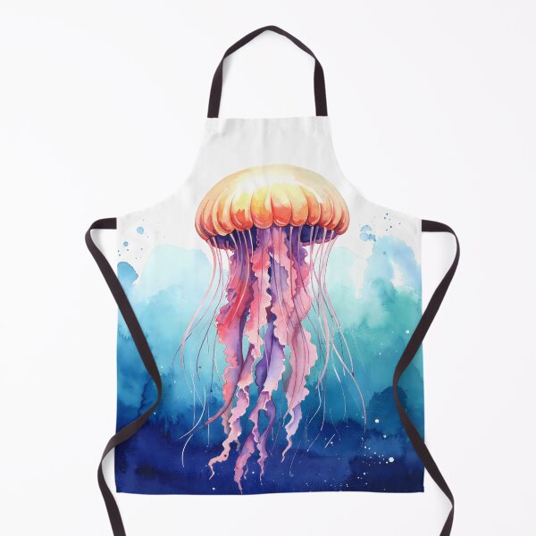 Item preview, A mesmerizing jellyfish with a luminous orange bell and flowing pink and purple tentacles drifts in a serene watercolor ocean designed and sold by homydesign.