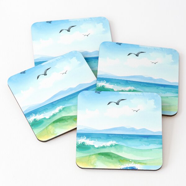 Item preview, A serene watercolor landscape captures a vast blue ocean with rolling waves, distant mountains, and seagulls flying overhead designed and sold by homydesign.