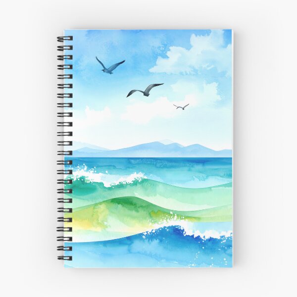 Item preview, A serene watercolor landscape captures a vast blue ocean with rolling waves, distant mountains, and seagulls flying overhead designed and sold by homydesign.
