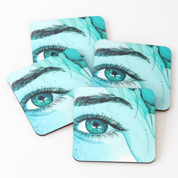 Item preview, An intense watercolor painting of a human eye with a vibrant turquoise iris and long dark lashes, surrounded by blue ink splashes designed and sold by homydesign.