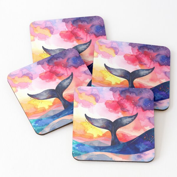 Item preview, A whale's dark tail emerges from vibrant watercolor waves, beneath a colorful sky swirling with pink, orange, and purple hues designed and sold by homydesign.
