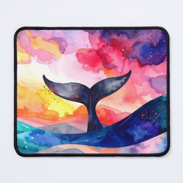 Item preview, A whale's dark tail emerges from vibrant watercolor waves, beneath a colorful sky swirling with pink, orange, and purple hues designed and sold by homydesign.