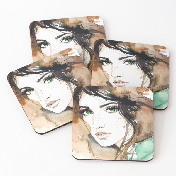 Item preview, A striking watercolor illustration of a young female with piercing green eyes, long lashes, and flowing hair, characterized by expressive brushstrokes designed and sold by homydesign.