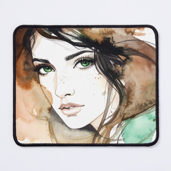 Item preview, A striking watercolor illustration of a young female with piercing green eyes, long lashes, and flowing hair, characterized by expressive brushstrokes designed and sold by homydesign.