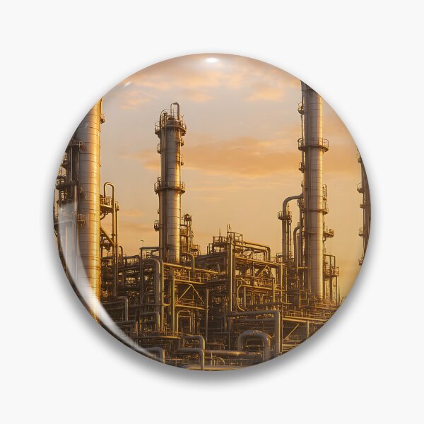 Item preview, Industrial complex with numerous pipes and towers silhouetted against a warm, cloudy sky designed and sold by homydesign.