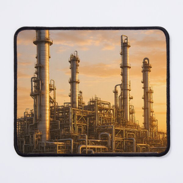 Item preview, Industrial complex with numerous pipes and towers silhouetted against a warm, cloudy sky designed and sold by homydesign.