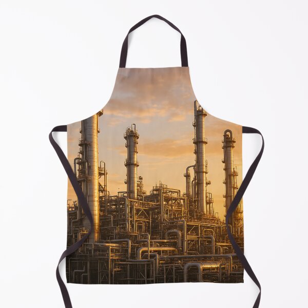 Item preview, Industrial complex with numerous pipes and towers silhouetted against a warm, cloudy sky designed and sold by homydesign.