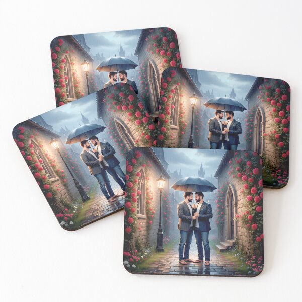 Item preview, Two men sharing an umbrella on a narrow rainy street — a cozy portrait of modern love designed and sold by Elando1212.