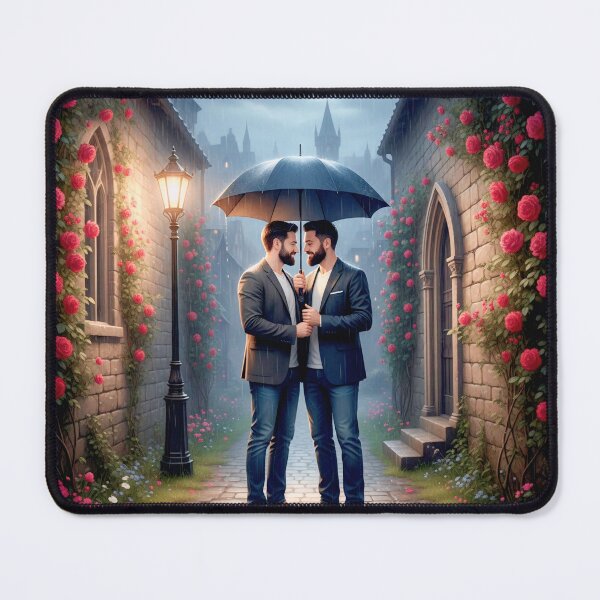 Item preview, Two men sharing an umbrella on a narrow rainy street — a cozy portrait of modern love designed and sold by Elando1212.