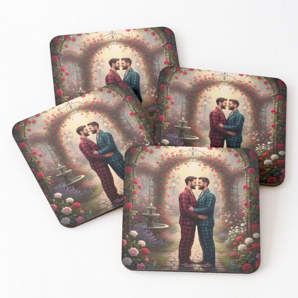 Item preview, Romantic scene of a gay couple hugging in matching pajamas among blooming flowers designed and sold by Elando1212.