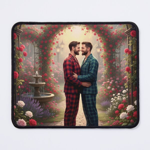 Item preview, Romantic scene of a gay couple hugging in matching pajamas among blooming flowers designed and sold by Elando1212.