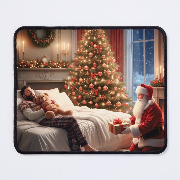 Item preview, Heartwarming illustration of a man cuddling his teddy as Santa quietly leaves a present beside the decorated tree. designed and sold by Elando1212.