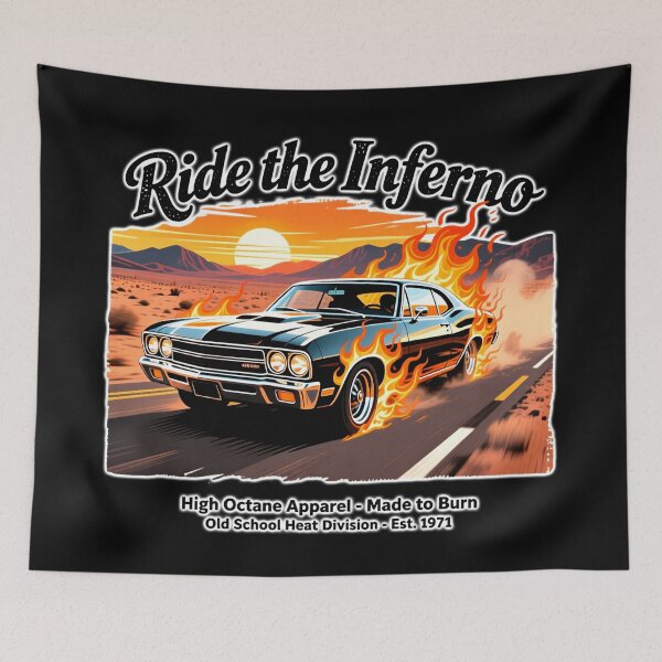 Item preview, Muscle car with flames on a hot desert road designed and sold by ArtCreator2023.