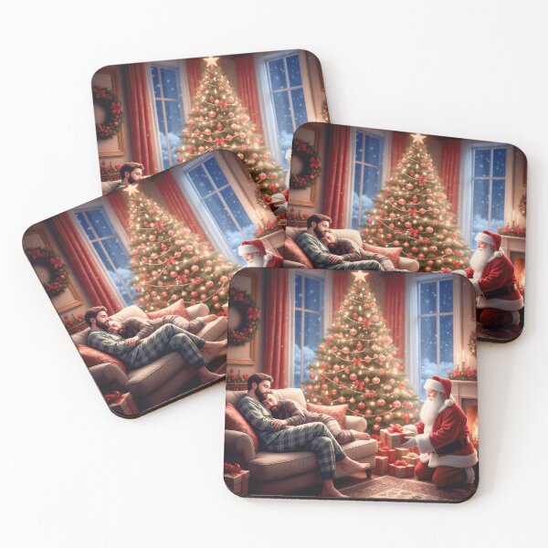 Item preview, Charming, family-friendly portrayal of a cuddling couple asleep on a couch while Santa places a present beside the decorated tree. designed and sold by Elando1212.