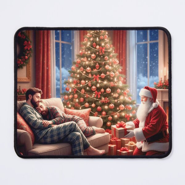 Item preview, Charming, family-friendly portrayal of a cuddling couple asleep on a couch while Santa places a present beside the decorated tree. designed and sold by Elando1212.