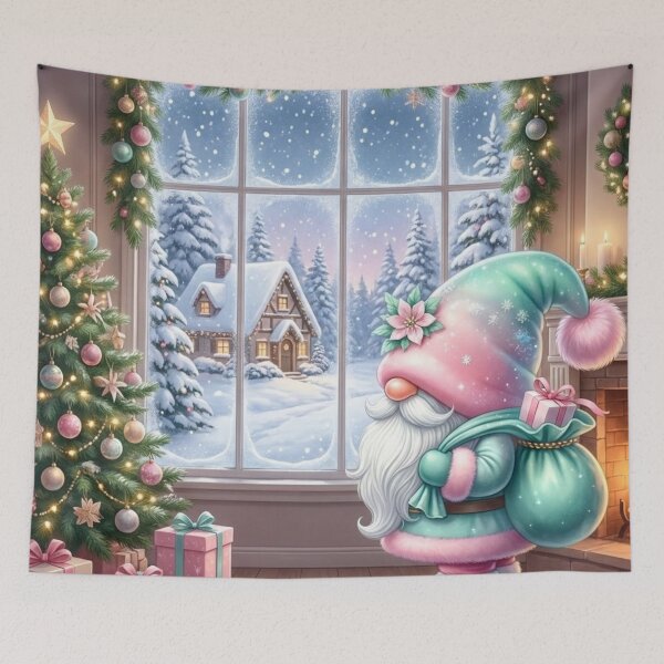 Item preview, Pastel Winter Gnome with Christmas Tree and Snowy Window View designed and sold by Shawdar.