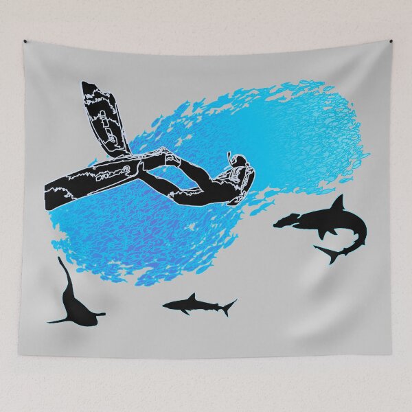 Item preview, Spearfisherman Freediving Among Sharks and School of Fish Silhouette Underwater Scene designed and sold by The Design Studio PTY.