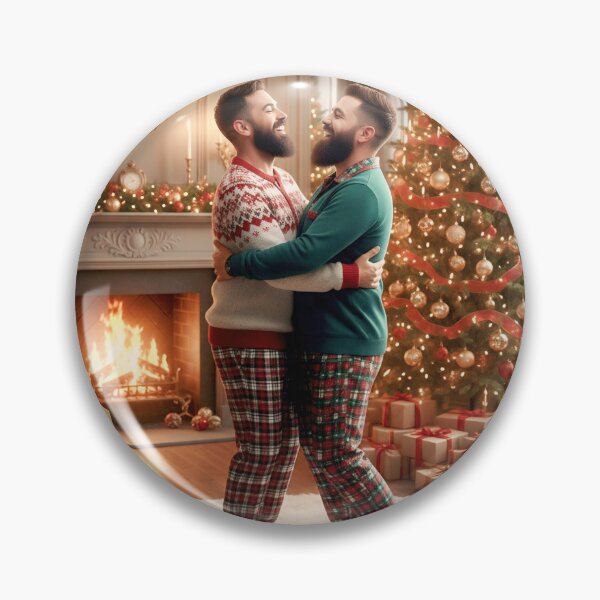 Item preview, Romantic holiday scene: bearded couple holding each other near the hearth and a lit pine tree. designed and sold by Elando1212.