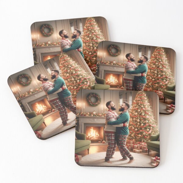 Item preview, Romantic holiday scene: bearded couple holding each other near the hearth and a lit pine tree. designed and sold by Elando1212.